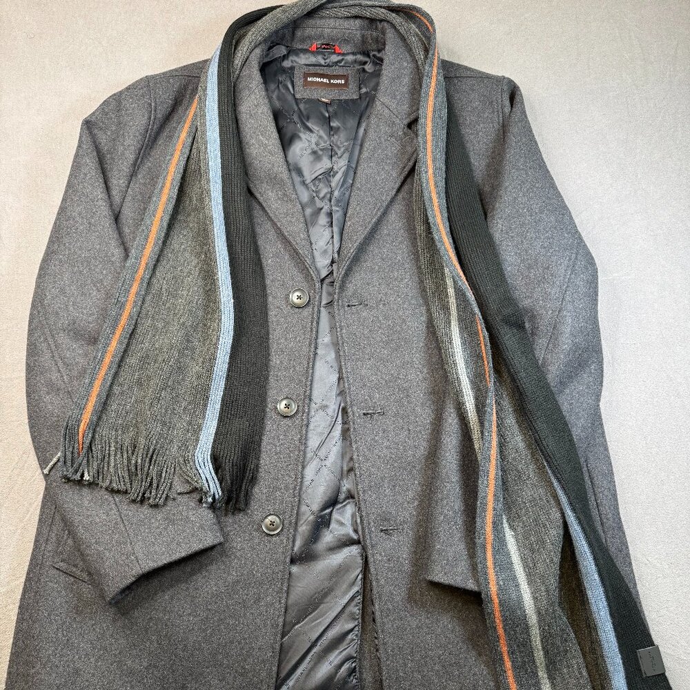 Men's Michael Kors Charcoal Gray Wool Blend Car Coat Overcoat XL Striped Scarf